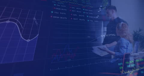 Diverse Businesspeople Analyzing Financial Data Trends Overlay