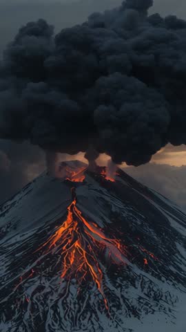 Volcano Erupting, Lava Flowing Down Snow-Covered Peak While Ash Plume Billowing (Vertical Video)