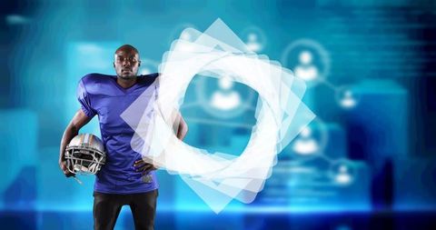 Confident African American Football Player on Futuristic Blue Background