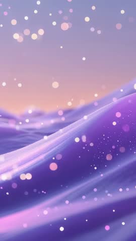 Undulating purple wave flowing across pastel gradient sky with floating bokeh particles