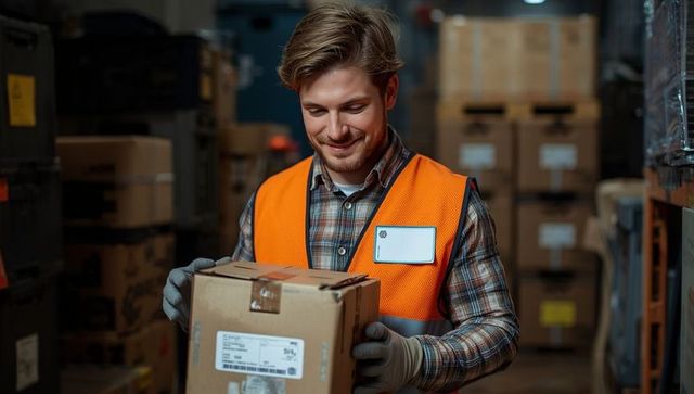 Warehouse worker holding shipping box with focused expression