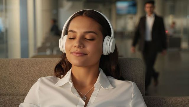 Young woman listening with white headphones relaxing in airport lounge with closed eyes