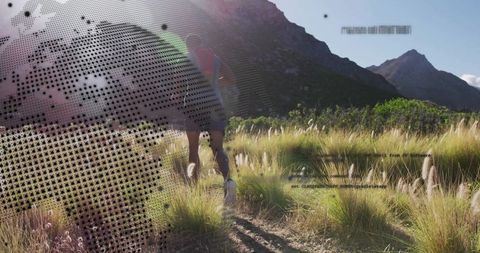 Man Running with Technology Overlay and Mountain Background
