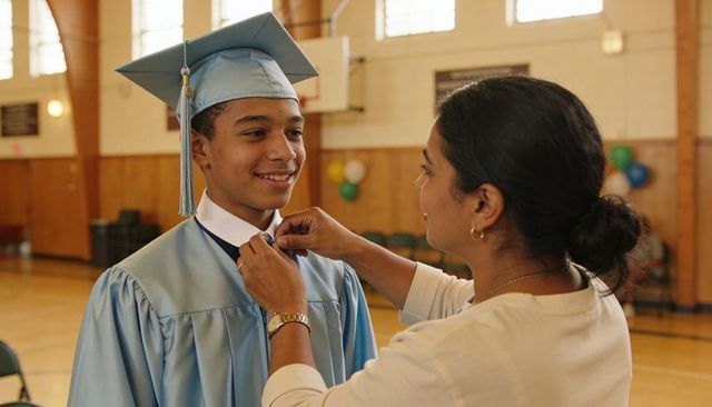 Guardian fastening medal on smiling teen graduate in light blue gown during ceremony