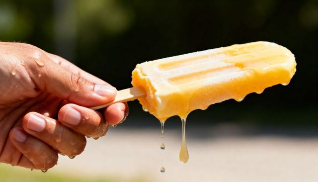 Melting orange popsicle dripping from wooden stick, sunlit summer treat closeup