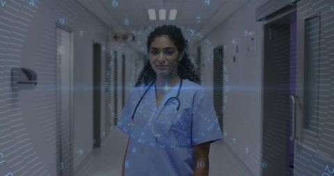 Nurse in corridor with futuristic digital interface overlay