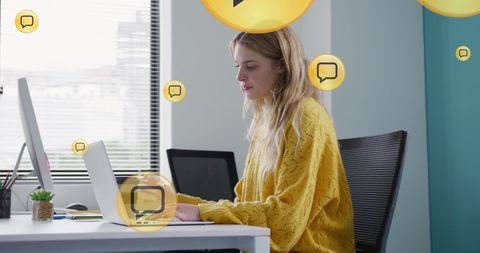 businesswoman using laptop with social media icons - Download Free Stock Images Pikwizard.com