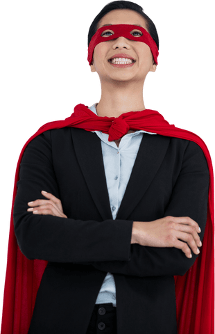 Transparent businesswoman costumed as superhero