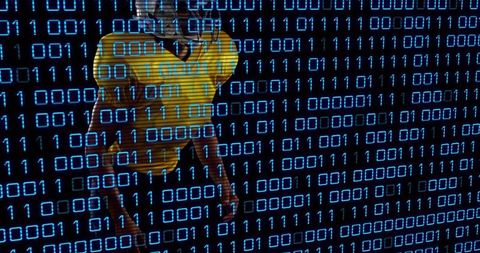 Man Wearing Yellow Polo and Jeans Receiving Neon Blue Binary Stream in Dark Cyber Matrix Concept