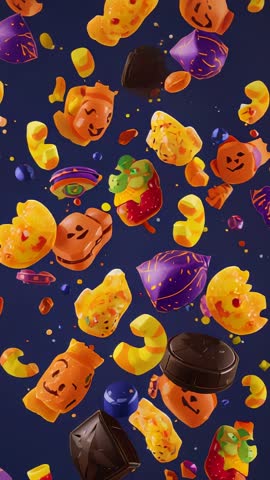 Drifting pumpkin candies rotating in purple space scattering sprinkles vertical looping
