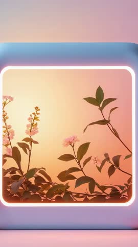 Vertical video showing neon-framed botanical branches sliding over pastel gradient