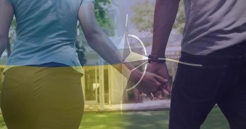 Couple holding hands walking towards modern lifestyle