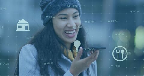 Smiling Woman Using Smartphone with Digital Interface