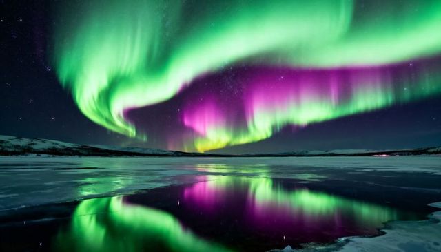 Dancing green and violet aurora swirling over frozen lake reflecting vivid night sky