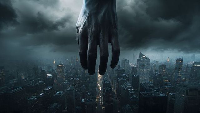 Colossal Hand Looming Over Dystopian Cityscape at Night
