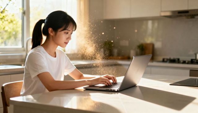 Asian woman working on laptop at sunlit kitchen island, focused remote productivity
