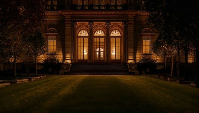 Grand neoclassical entrance glowing at night with arched glass doors and chandeliers