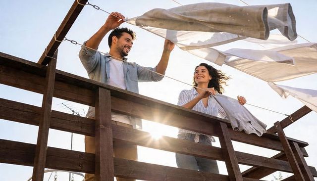 Couple hanging sheets on rooftop balcony clothesline with sunlit wooden railing