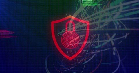 Neon cybersecurity shield with fingerprint padlock and streaming data trails