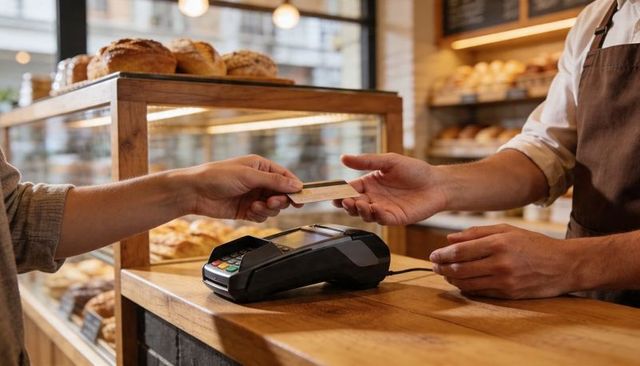 Customer handing payment card to baker across wooden counter with pin pad at bakery