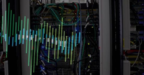 Open server rack displaying ethernet cabling and network switches with waveform overlay