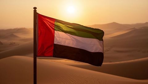 Uae flag waving over rippled desert dunes at golden hour with backlit sunset glow