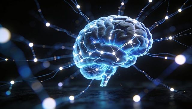 Glowing 3d human brain hovering with luminescent neural network and synaptic light nodes