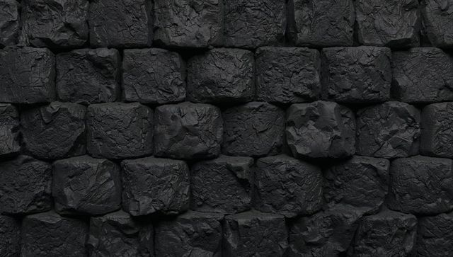 Moody charcoal briquette wall stacking, deep cracked black block texture background