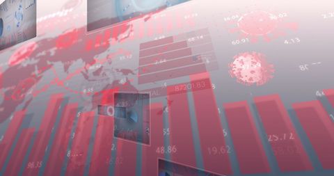 Depicting the global impact of COVID-19 with detailed infographics and data analysis on a world map. Red graphs and scientific data present pandemic spread and virus behavior, ideal for illustrating global pandemic reports, medical studies, or technology-driven statistical displays.