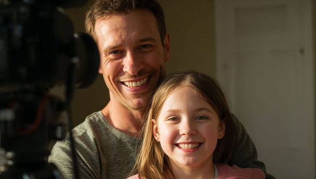 Smiling Father and Daughter Recording Family Vlog at Home Using DSLR Camera