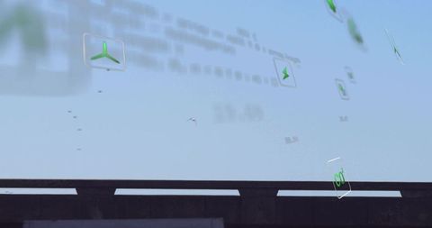 Minimal overpass railing with floating green energy icons, co2 glyphs and seagulls