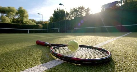 Tennis Racket and Ball on Sunlit Outdoor Court - Download Free Stock Images Pikwizard.com