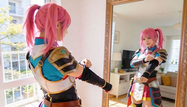 Cosplayer with pink twintail wig adjusting armor while admiring reflection in ornate mirror
