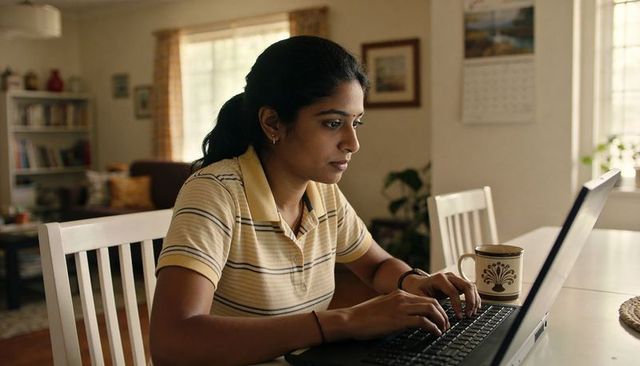 Young woman typing on laptop at cozy home dining table with coffee mug and natural light