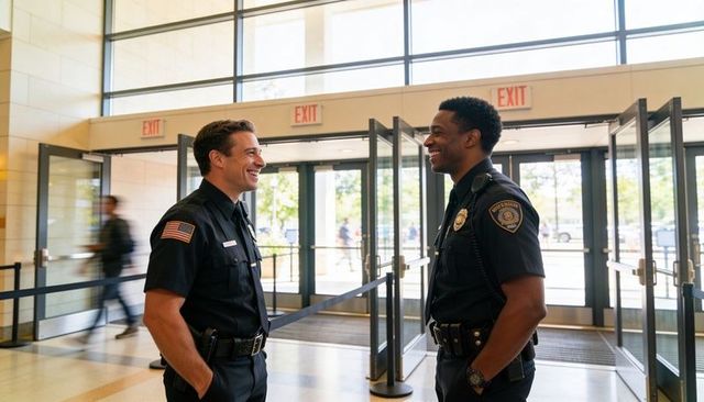 Smiling police officers chatting in bright lobby with duty belts and exit signs