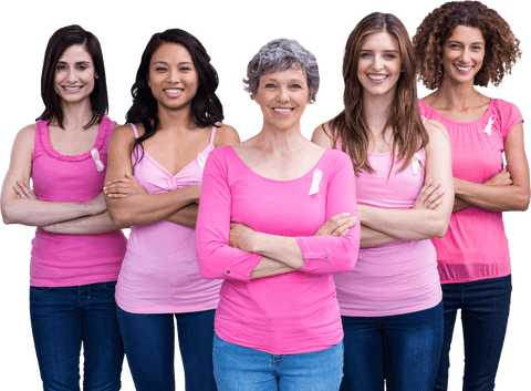 Diverse Women Posing for Transparent Breast Cancer Awareness Campaign