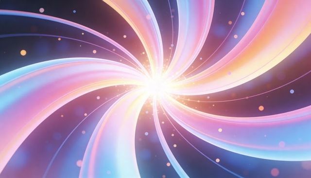Luminous spiral vortex of neon ribbon beams with radiant core, gradient glow and particles
