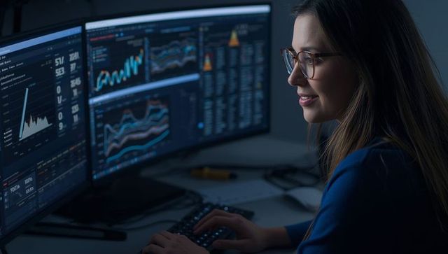 Data analyst reviewing financial charts on dual screen monitors