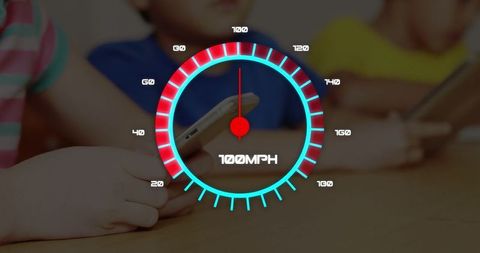 Neon hud speedometer overlay on classroom devices showing network speed and engagement