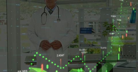 Doctor Analyzing Digital Healthcare Data Visualization in Modern Office
