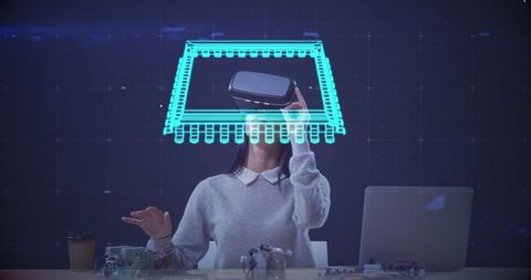 Woman engaging with 3d vr technology in modern workspace