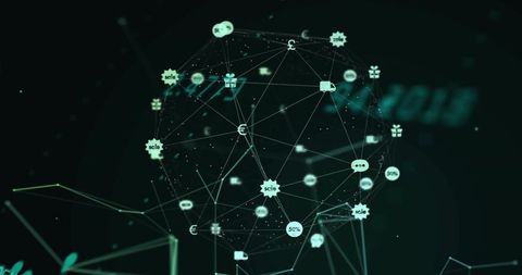 Rotating Holographic Finance Network with Glowing Nodes, Euro Symbols and Percent Icons