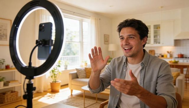 Smiling male content creator recording home vlog with ring light and smartphone setup