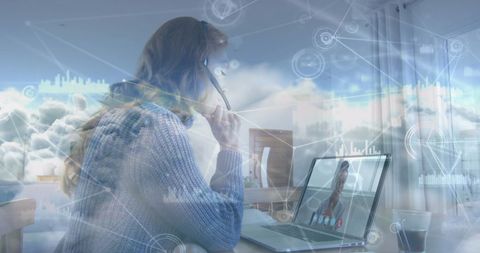 Woman Using Laptop with Digital Cloud Network Connections