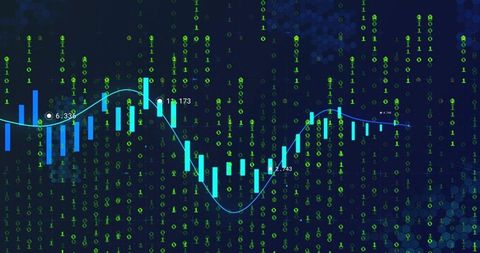 Visualizing market movements with cyan candlestick chart and binary data matrix
