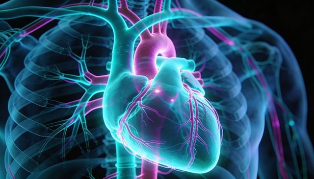 Glowing heart model pulsing within translucent thorax, highlighting coronary arteries