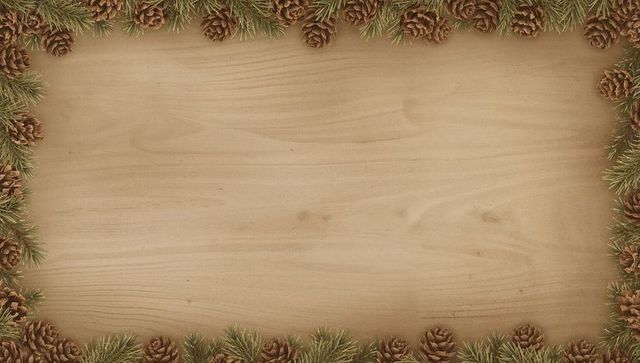 Framing rustic pine cone border on wooden board with blank center for holiday design