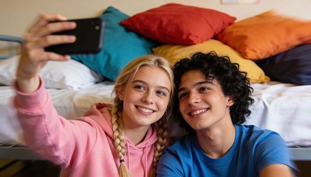 Teens taking selfie in cozy bedroom with colorful pillows, smiling friends sharing moment