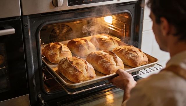 Baker pulling steaming rustic sourdough loaves from oven on metal tray