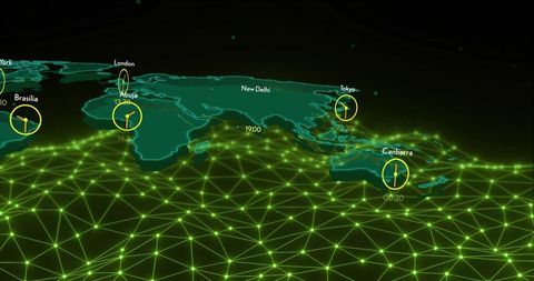 Futuristic 3d world map showing neon mesh network & time zone clock indicators dashboard